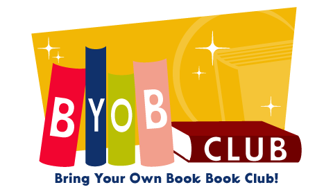 Bring Your Own Book Book Club logo with stacked books and a yellow background with the MCL logo