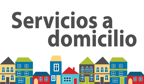 Colorful houses line the bottom of the image with "servicios a domicilio" above them