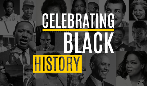 Celebrating Black history featuring black and white photos of prominent Black Americans