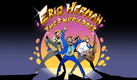 Eric Herman and the Puppy Dogs logo with three band members 