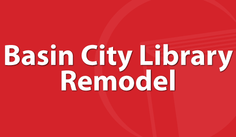 Basin City library remodel banner with red background and MCL book logo