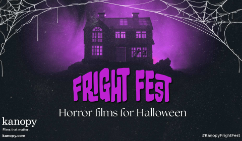 Kanopy Fright Fest: Horror Films for Halloween with a house and spider webs