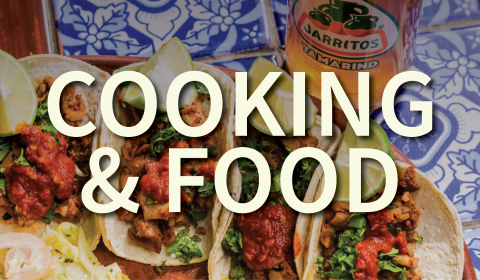 Cooking and food banner with tacos in the background