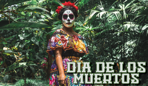 Día de los muertos banner with an image of a woman dressed as a catrina