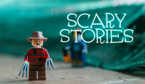 Scary stories banner with a LEGO block that looks like Freddy Kruger