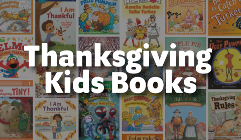 Thanksgiving Kids Books overlayed on books in the background