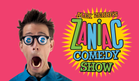 Alex Zerbe's Zaniac Comedy Show with a portrait of Alex Zerbe