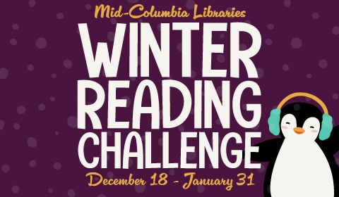 Winter Reading Challenge with a purple background featuring soft snow falling and a penguin wearing teal earmuffs