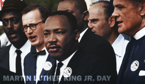 Martin Luther King Jr. Day banner with historic photo of MLK Jr. 