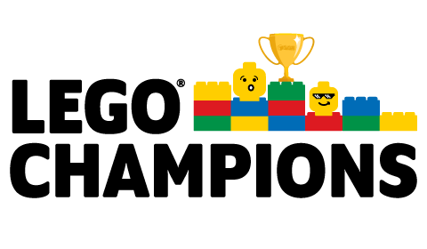 LEGO Champions banner with stacked LEGOS, a trophy, and LEGO heads