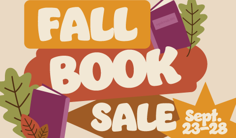 Friends of Mid-Columbia Libraries Fall Book Sale with books and leaves