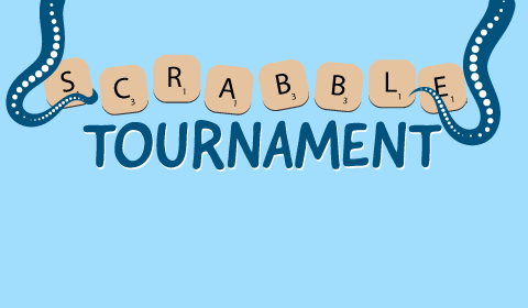 Scrabble Tourament banner with two octopus legs grabbing letter pieces 