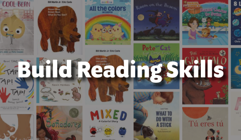 Build reading skills banner with books in the background