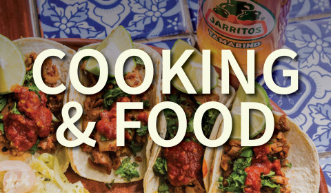 cooking and food banner with tacos and a jarritos soda in the background