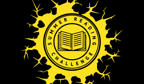 Summer Reading Challenge logo inside of a yellow cracked hole on a black background