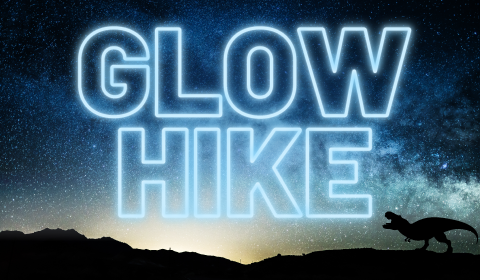 Glow Hike banner with glowing blue text overlayed on a starry background with a dinosaur in the corner