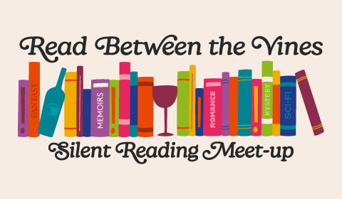 Read Between the Vines: Silent Reading Meet-up banner with books, a wine glass, and a wine bottle in various colors
