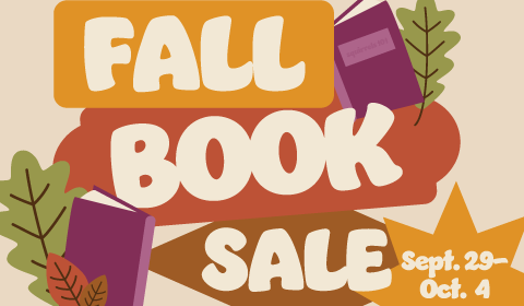 Friends of Mid-Columbia Libraries Fall Book Sale with books and leaves