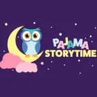 Pajama storytime featuring a starry sky with a moon, pink clouds, and an owl