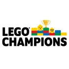 Text and branding for LEGO Champion event featuring a variety of colorful LEGO blocks in the shape of a winner's podium. A trophy sits in 1st place, a surprised LEGO head sits in 2nd place, and a smirking LEGO head wearing sunglasses sits in 3rd place.