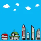 8-bit buildings with a blue background and clouds.