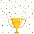 Golden trophy with colorful confetti falling around it.