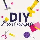 DIY: Do It Yourself with scissors, paper, buttons, paintbrush, paper and pencil, yarn ball, and some paint