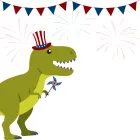 T-Rex with an Uncle Sam Top Hat and fireworks in the background. 