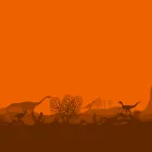 Orange background with brown shadows of dinosaurs and trees.