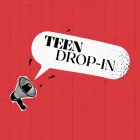 Teen Drop-in text with a megaphone and a speech bubble on a blue background 