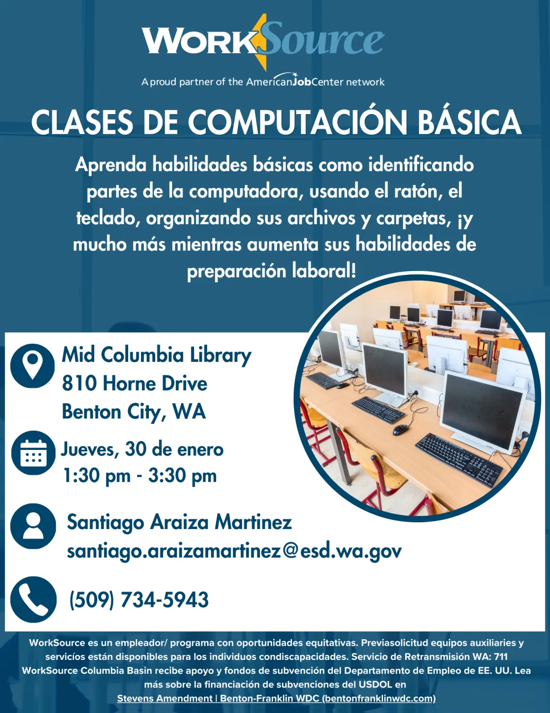 Work Source flyer with basic computer class information in Spanish.