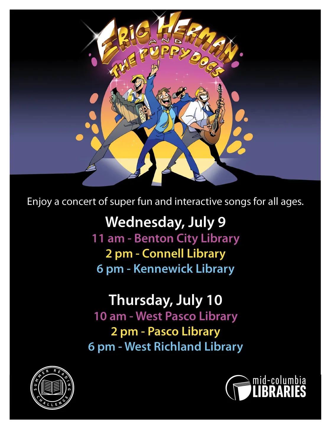 Eric Herman and the Puppy Dogs poster with an animation of three men and instruments. Includes performer dates and locations.