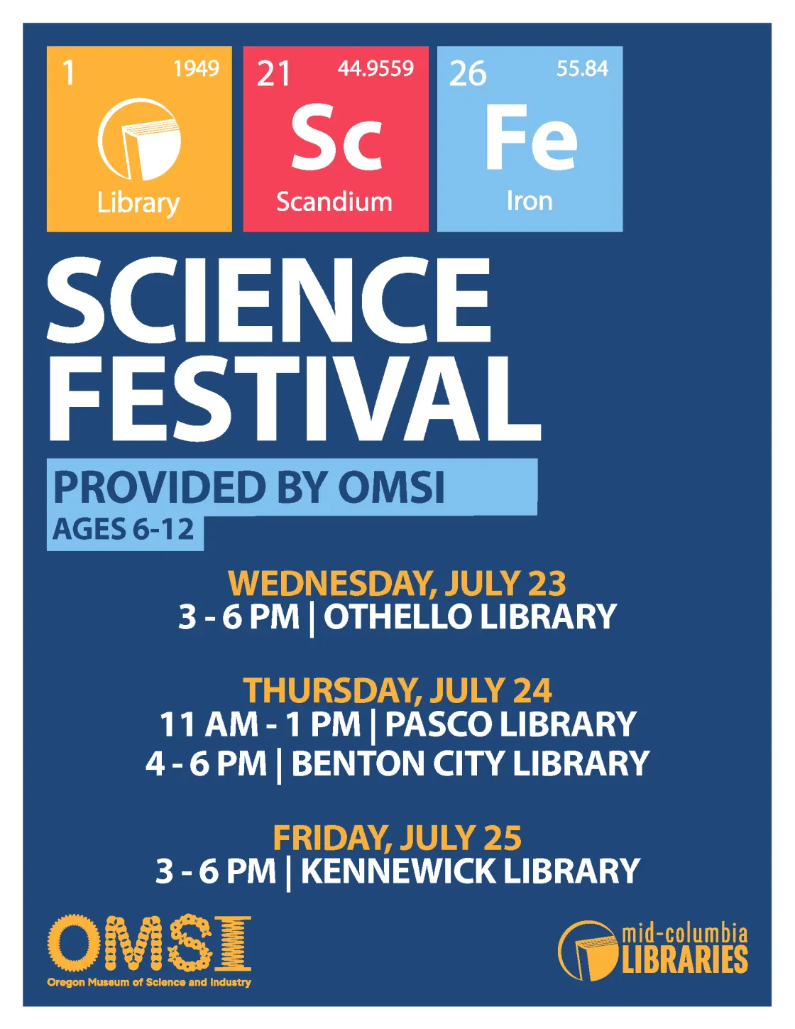 Poster with a deep blue background, Scandium and Iron element tiles, and information of event locations and dates.
