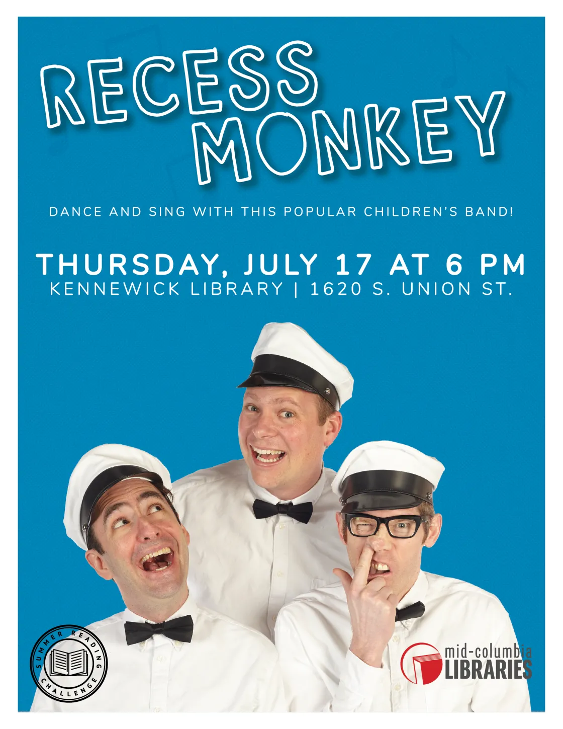 Recess Monkey members photographed with event information on a blue background.