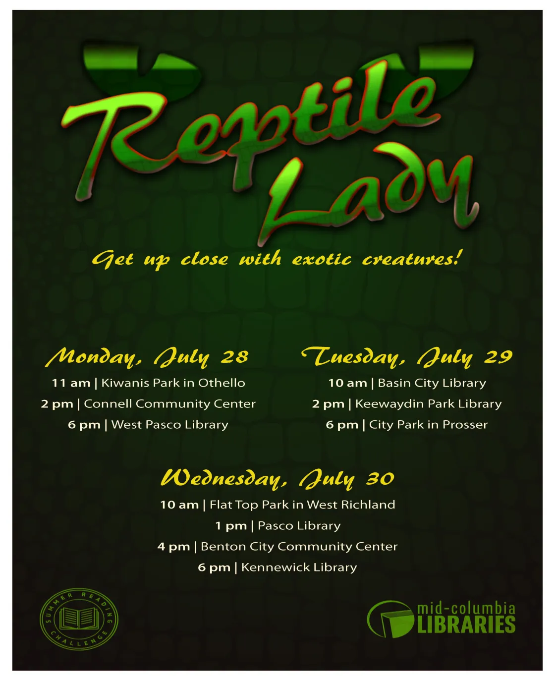 Reptile eyes with reptile lady logo on a green background and all event and location information.