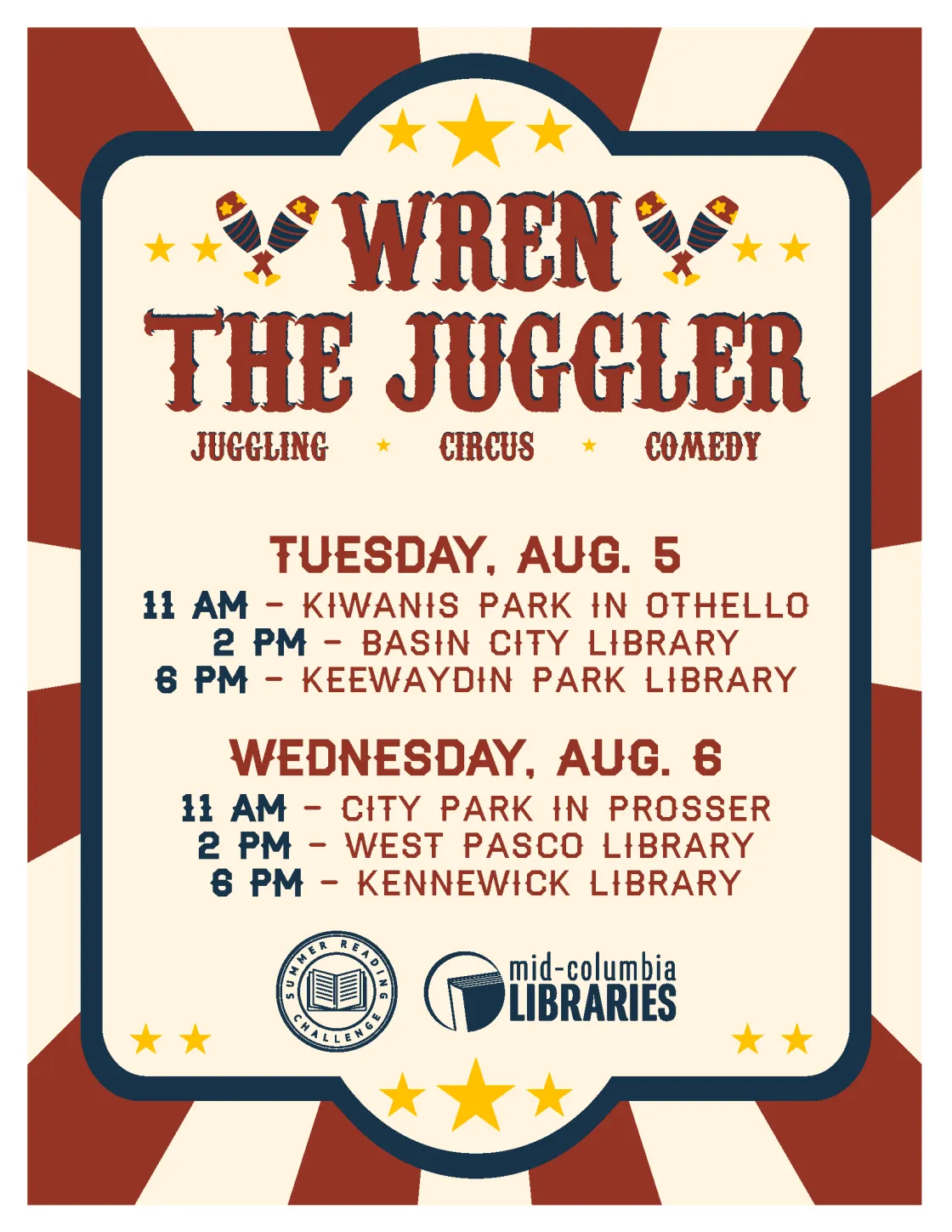 Brick red and cream-colored poster with a circus theme, Wren the Jugglers logo and information about their visit.
