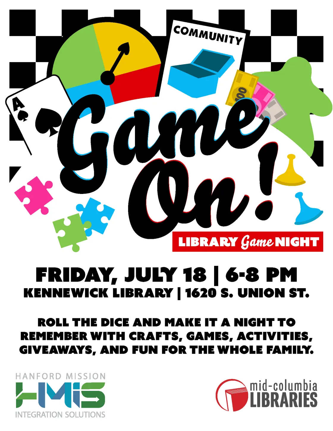Game On! Library Game Night poster with a board game theme and event details.