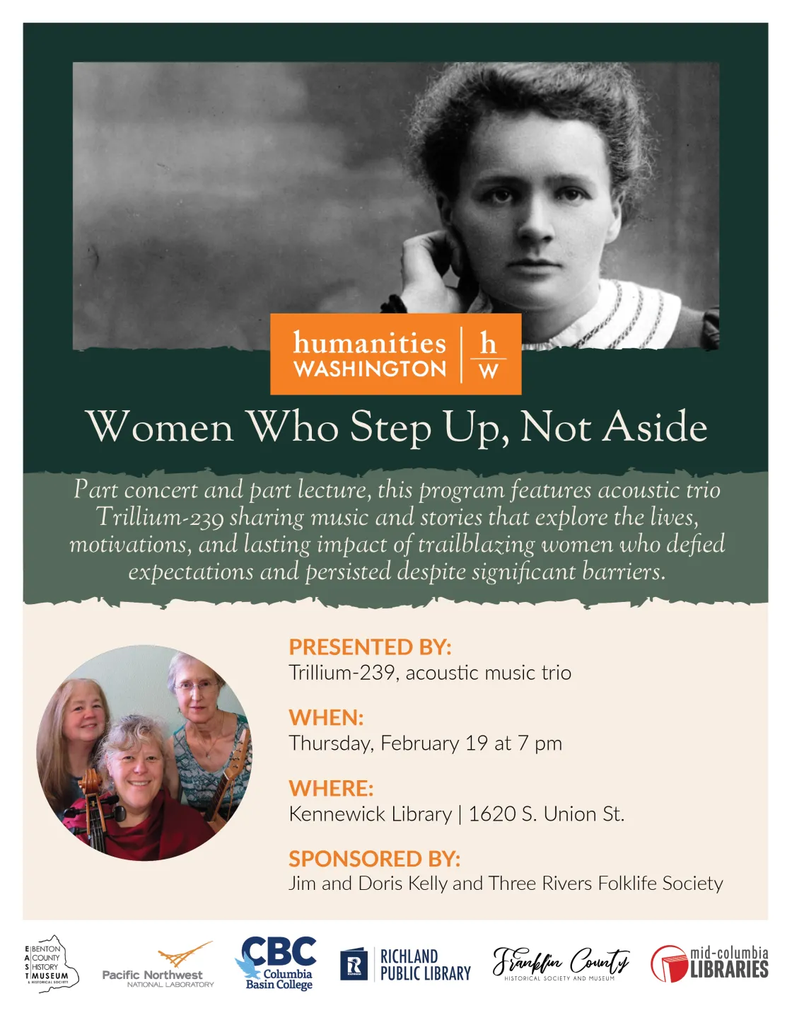 Humanities Washington Lecture: Women Who Step Up, Not Aside poster with photos of Trillium-239 and information about the upcoming event