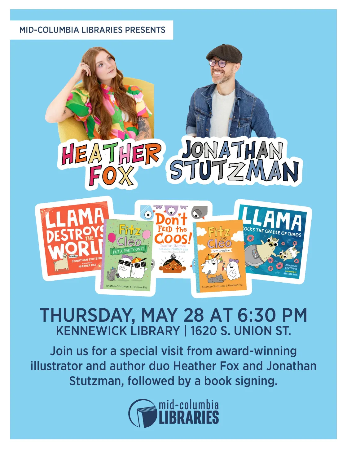 Authors Heather Fox and Jonathan Stutzman with 5 images of their books and text describing the event.