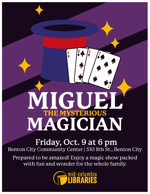 Magician hat with a deck of cards titled Miguel the mysterious magician