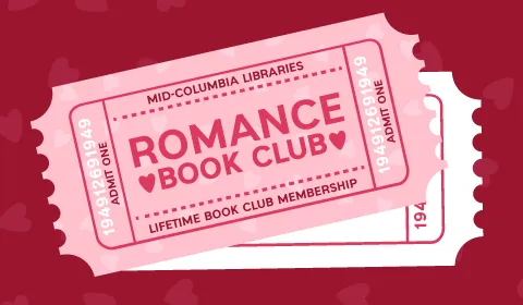 Romance book Club banner that looks like a ticket