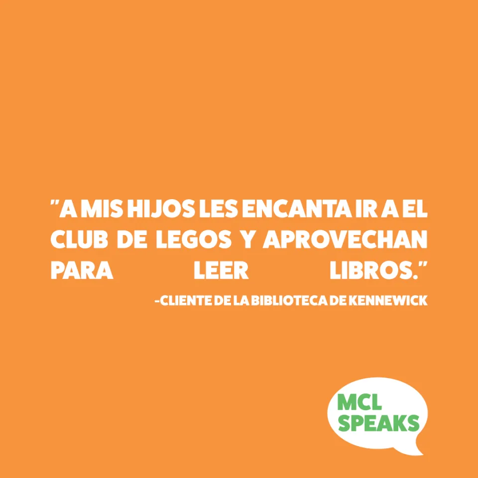 orange square containing “A mis hijos les encanta ir a el club de LEGOs y aprovechan para leer libros.” 