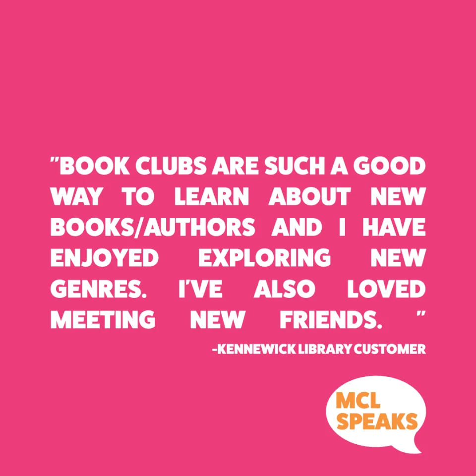 Pink square containing "Book clubs ARE such a good way to learn about new books/authors and I have enjoyed exploring new genres. I’ve also loved meeting new friends. " 