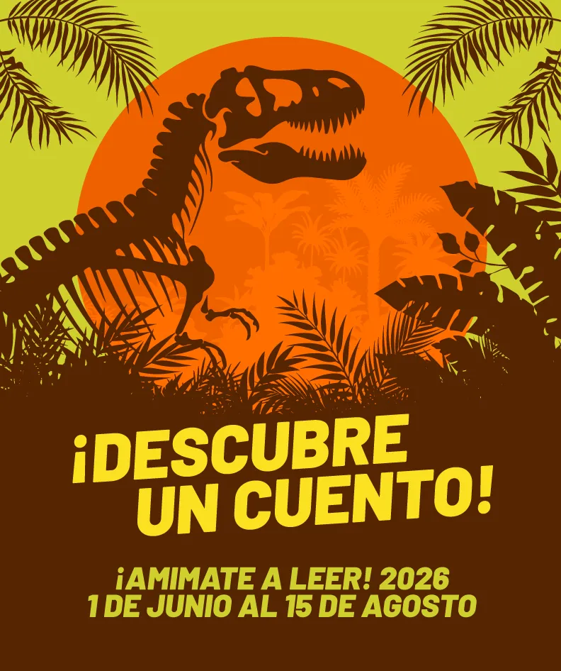 Imagen de un dinosaurio que dice: Descubre un cuento