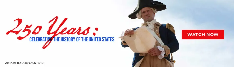 banner for Kanopy 250 years celebration with photo of a minute man 