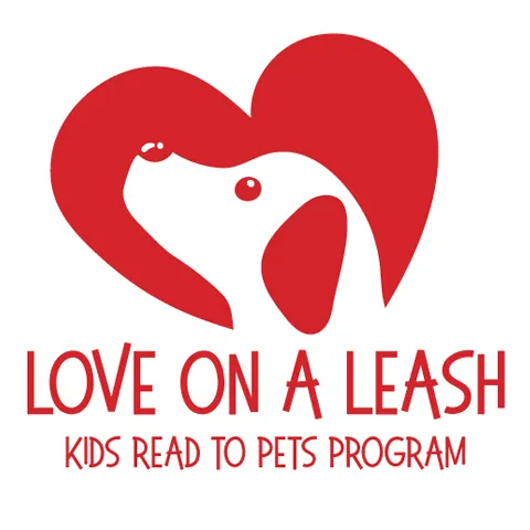 Heart with the shape of a dog cut out. Text underneath reads "Love on a Leash kids read to pets program"