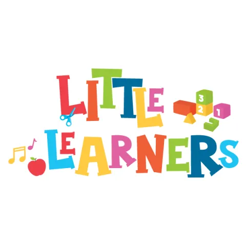 Little Learners colorful text with music notes, an apple, and alphabet blocks in various colors