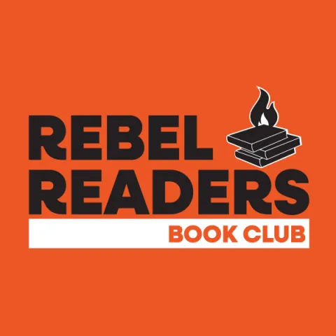Red orange background with text and a stack of black books with a flame on top