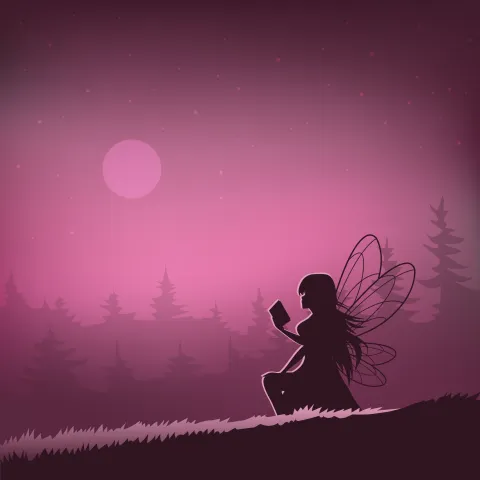 Calendar square of a fairy reading a book in the night.