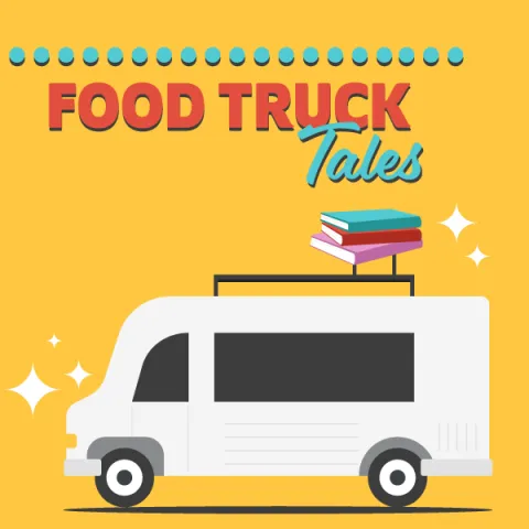 Image of a truck with books above that reads Food Truck Tales.